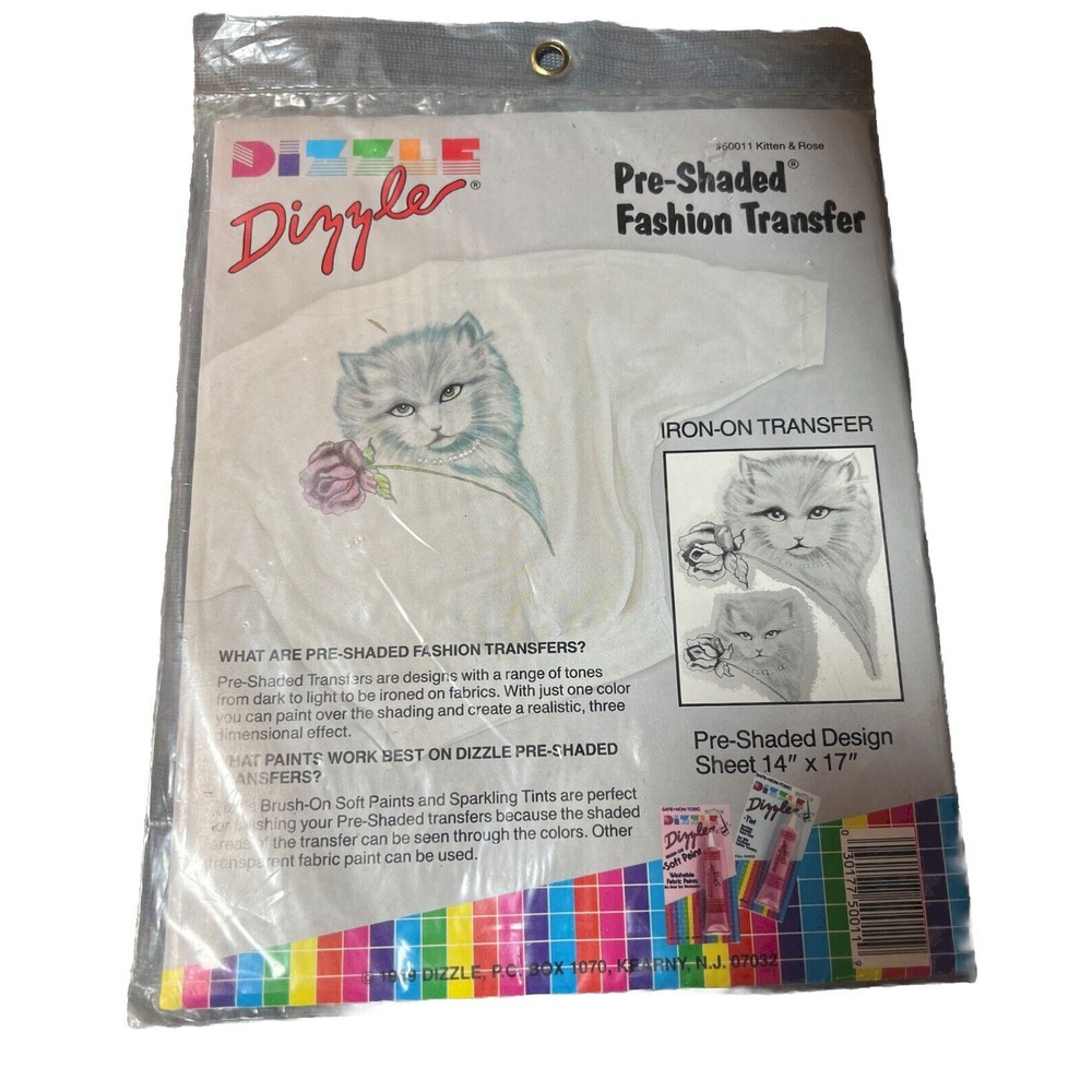 NEW 1989 DRIZZLE ART PRE SHADED FASHION TRANSFER #50011 KITTEN &‎ ROSE